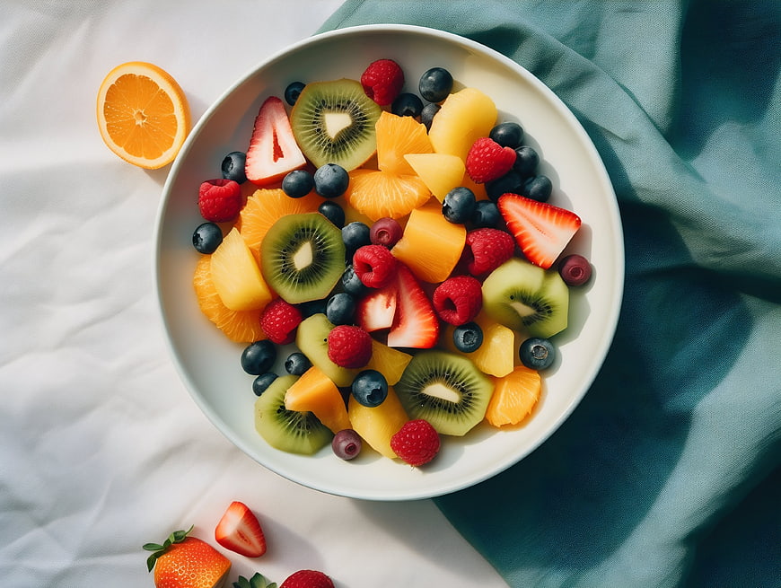Top View Fresh Fruit Salad Bowl with Kiwi, Berries, and Orange