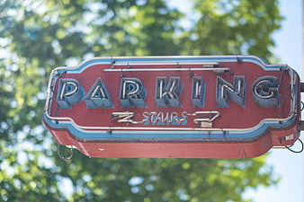Vintage Red Neon Parking Sign with Blue Trim