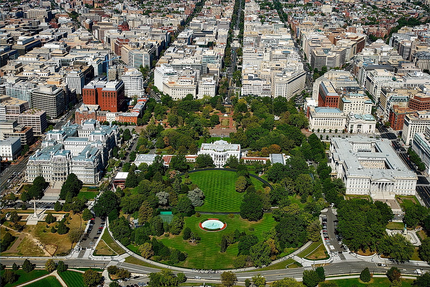 Aerial View of the White House and Washington DC Cityscape