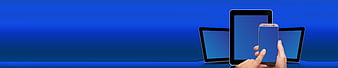 Hands holding smartphone and tablets on blue background