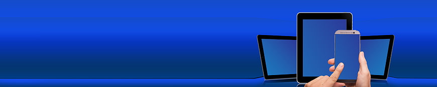 Hands holding smartphone and tablets on blue background