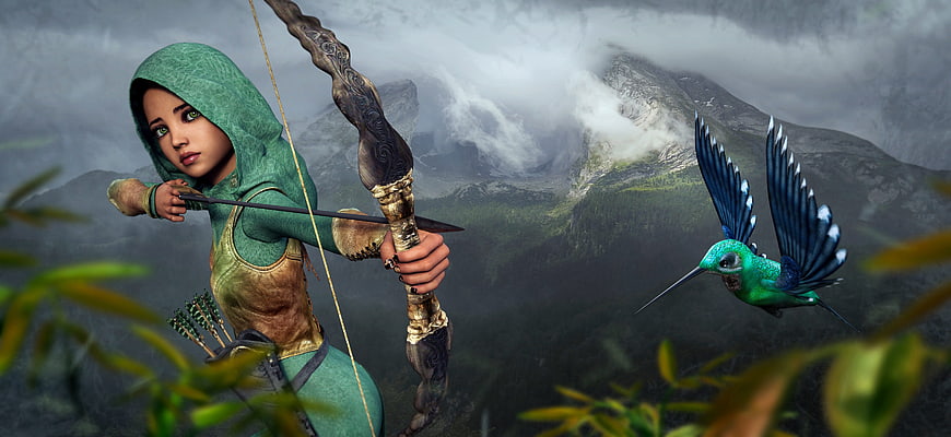 Fantasy female archer aiming bow with hummingbird in mountains