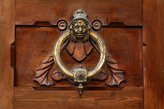Vintage Brass Door Knocker on Antique Wooden Door