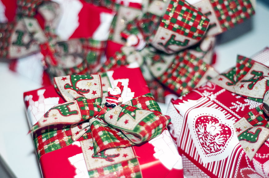 Festive Christmas Gifts Wrapped in Red and Green Paper