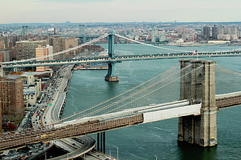 Aerial View of Brooklyn and Manhattan Bridges in New York City