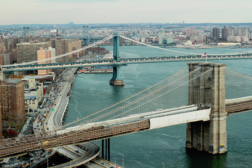 Aerial View of Brooklyn and Manhattan Bridges in New York City
