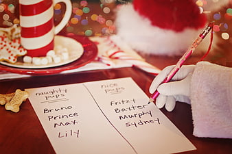 Santa Claus writing dog names on a naughty and nice list