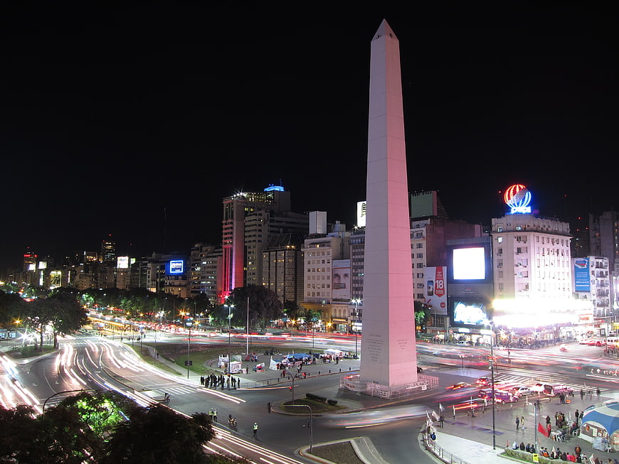 Night view of Buenos Aires Obelisk with traffic light trails