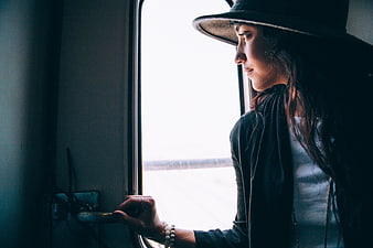 Woman in Hat Looking Out Train Window