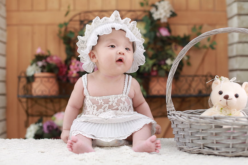 Cute baby girl in white lace dress sitting with teddy bear