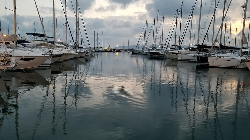 Sailboats docked in a calm marina at dusk with reflections