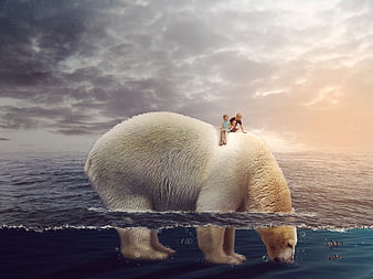 Surreal polar bear with children in ocean sunset