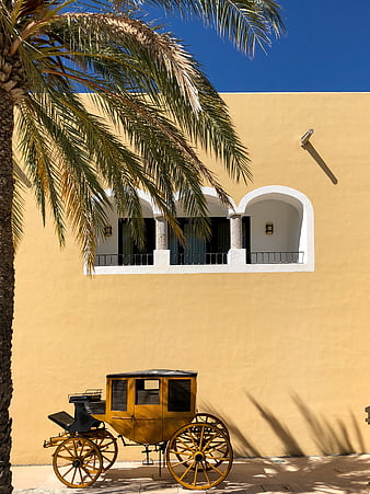 Yellow carriage parked against yellow building with palm tree