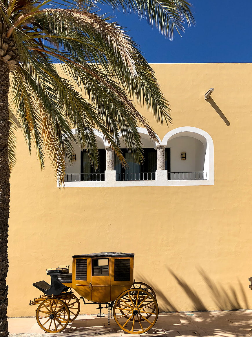Yellow carriage parked against yellow building with palm tree