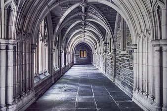 Gothic stone cloister corridor with vaulted arches