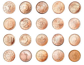 Grid of various European 10 cent euro coins on white background