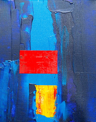 Abstract Blue Canvas Painting with Red and Yellow Blocks