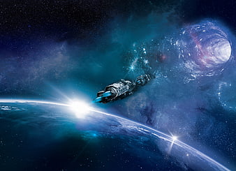 Futuristic Spaceship Flying Near Earth And Cosmic Wormhole