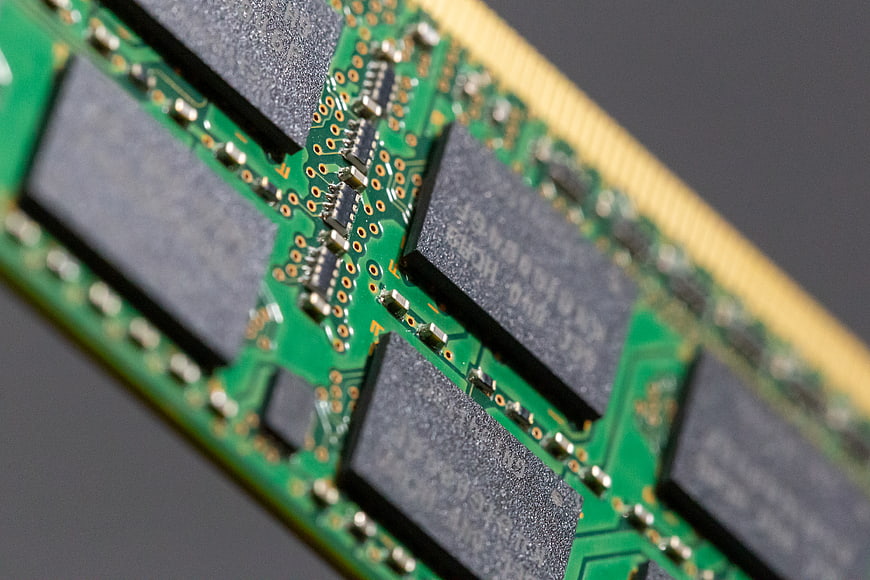 Macro Close-Up of Green Computer RAM Memory Module