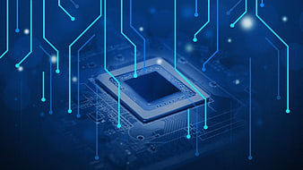 Futuristic computer processor chip with glowing blue circuit board connections