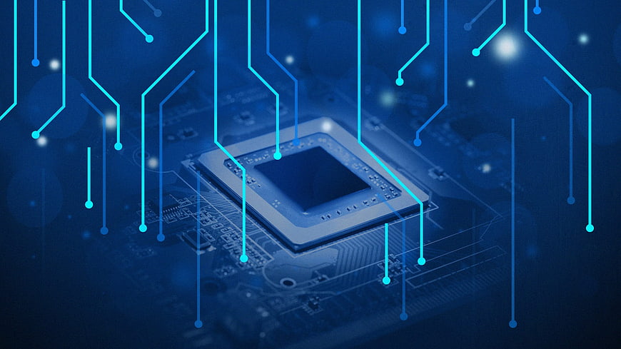 Futuristic computer processor chip with glowing blue circuit board connections