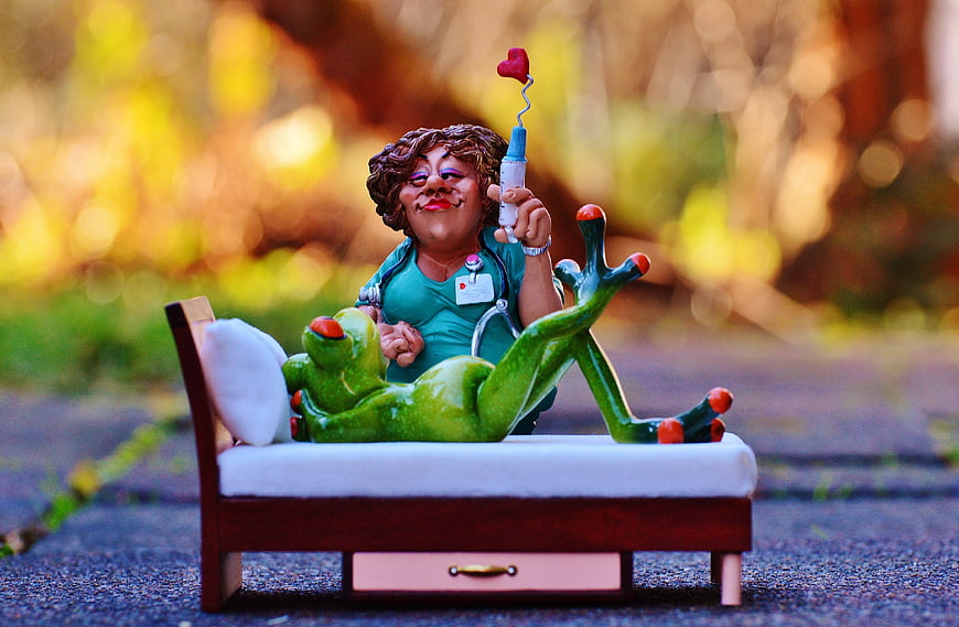 Cute Nurse Figurine Holding Syringe with Frog Patient on Miniature Bed
