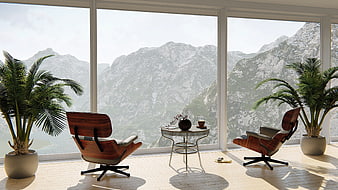 Modern Living Room Interior With Mountain View Through Floor To Ceiling Windows