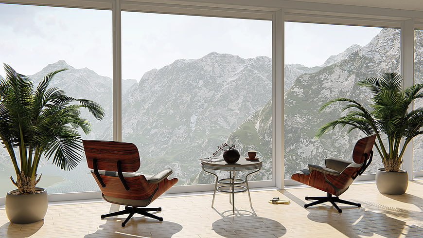 Modern Living Room Interior With Mountain View Through Floor To Ceiling Windows