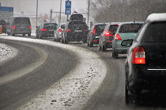 Winter Traffic Jam On Snowy Curved Highway Road