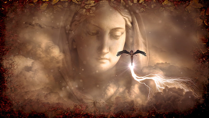 Mystical Fantasy Artwork Featuring Angelic Statue And Lightning