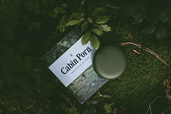 Book titled Cabin Porn and portable speaker on mossy forest floor