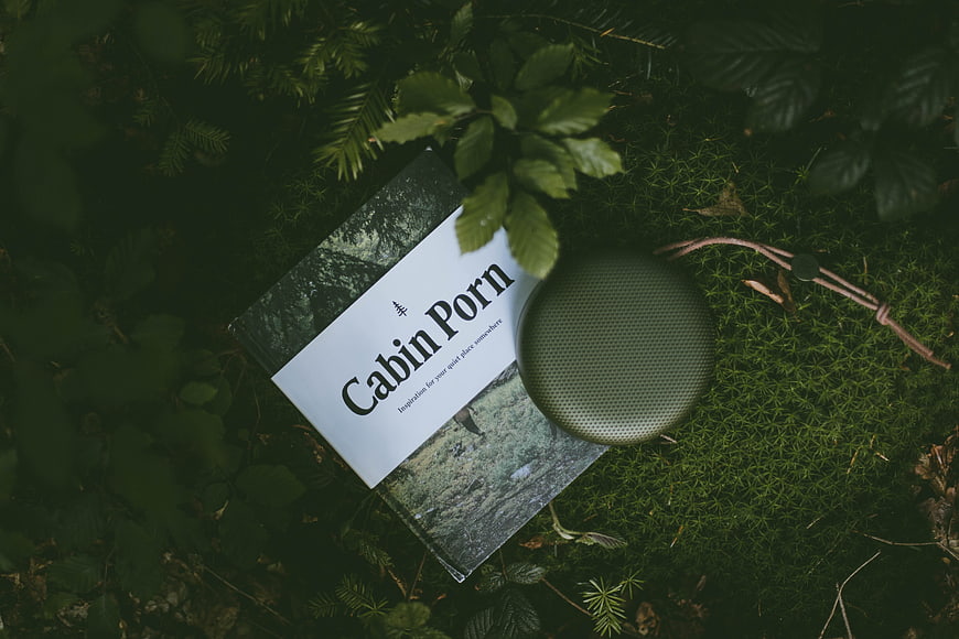 Book titled Cabin Porn and portable speaker on mossy forest floor