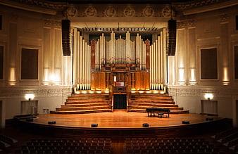 Grand Pipe Organ on Empty Concert Hall Stage