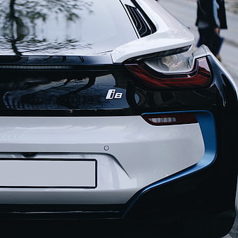 Close-up of white BMW i8 rear taillight and bumper