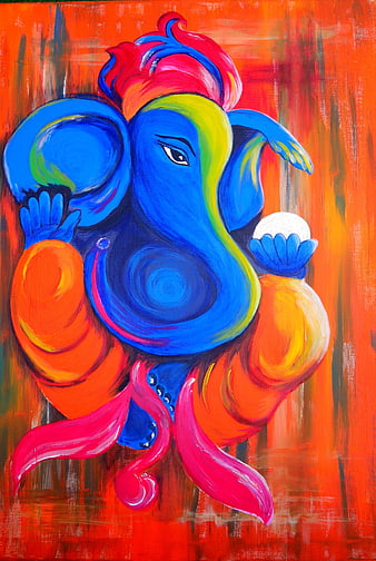 Vibrant Blue Ganesha Painting on Orange Background