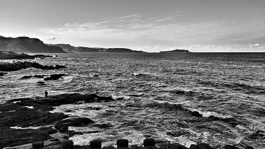 Black and white coastal landscape with rocky shore and distant mountains