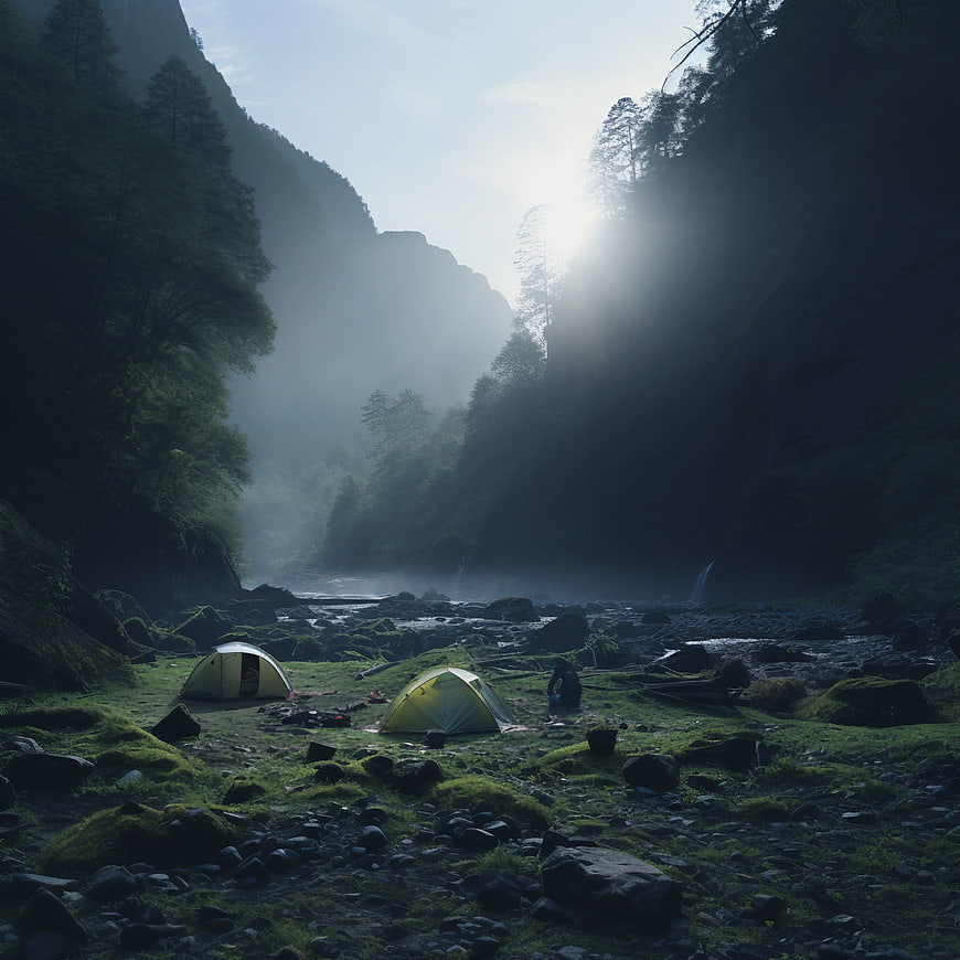 Camping Tents in Misty Mountain Valley with Sunbeams