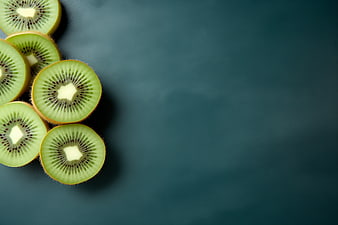 Sliced Kiwi Fruit on Dark Teal Background with Copyspace