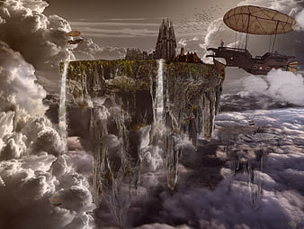 Fantasy Floating City With Airship And Waterfalls In Clouds