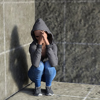 3D Render of Woman in Hoodie Crouching in Despair