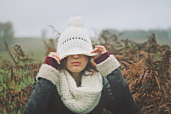Woman in White Knit Hat and Scarf in Autumn Field