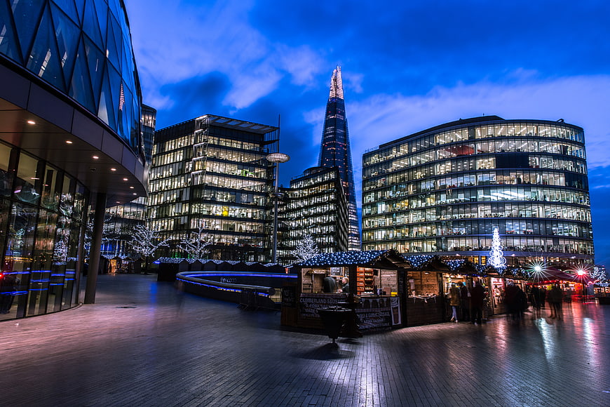 London Christmas Market at Dusk with The Shard