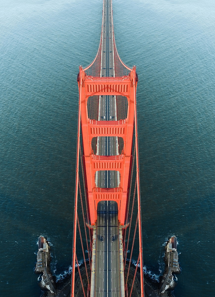Aerial Top-Down View of Golden Gate Bridge Tower