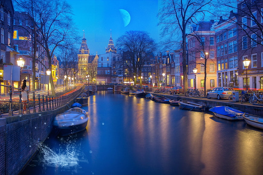 Amsterdam Canal at Blue Hour with Church and Moon