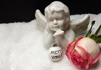 Christmas Angel Figurine With Pink Rose And Snow