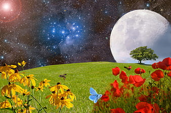 Fantasy landscape with giant moon, stars, and colorful flower meadow