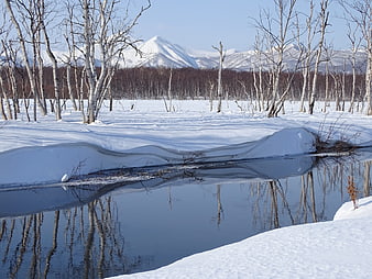 Serene Winter River with Snowy Mountain Reflections