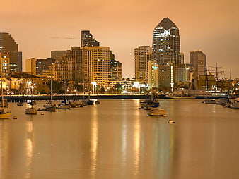 San Diego Harbor Night Skyline With Boats And City Lights