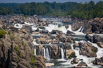 Scenic Rocky River Rapids and Waterfalls in Summer Forest