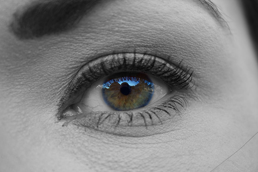 Close-up of eye with colorful iris and black and white skin